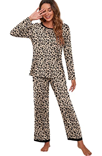 Prinstory 2023 Women's Pajama Set Long Sleeve Sleepwear Ladies Soft Pjs Lounge Set Fp-Leopard Beige-Large #TOP3