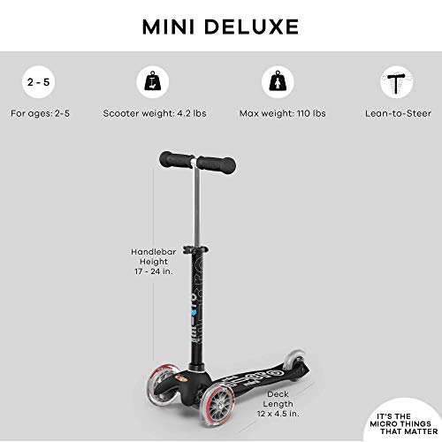 Micro Kickboard - Mini Deluxe 3-Wheeled, Lean-to-Steer, Swiss-Designed Micro Scooter for Kids, Ages 2-5 (Black)