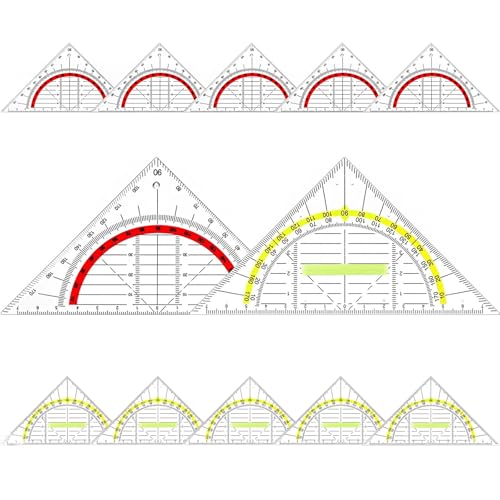 12 Piezas Cuadrado Geométrico de Plástico con Asa Extraíble, 15.5cm/6.1in Transportador de Ángulos Triangular, Geometric Triangle Set Plastic para Escuela, Oficina, Familia (Rojo y Amarillo)