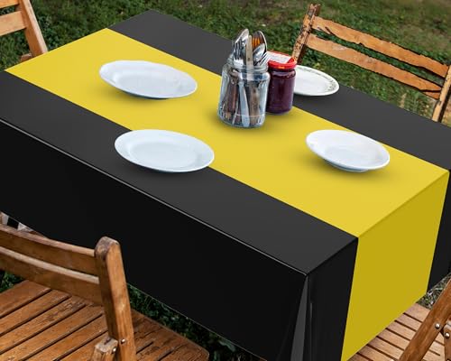 Image of Oudain 8 Pcs Plastic Table Cloths Disposable 54 inch x 108 inch, Yellow, Black | Rectangle Table Cover, Waterproof Tablescloths for Back to School Wedding Baby Shower Birthdays Party Decoration