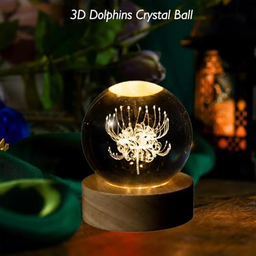 Image of 3D Red Spider Lily Crystal Ball Lamp, 60mm K9 Laser Engraved Flower Sphere with Wooden LED Base, Color-Changing Night Light Gift for Home Decor Bedroom Meditation