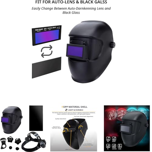 JHTii Flip-up Black Glass Welding Mask, Detachable Black Lens, with LED Light and 50 Waterproof Welding Helmets Decals