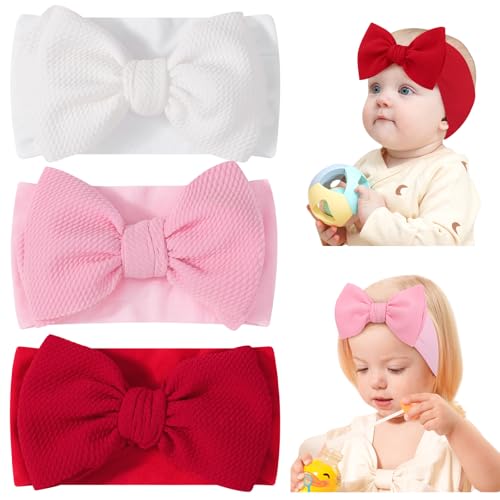 jollybows 3PCS Baby Bows Headbands Soft Nylon Baby Girl Headbands for Newborn Infant Toddler Kids Cute Bow Wide Hairbands Hair Accessories(White+Red+Pink)