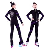 Girl's Ice Skating Suit Figure Skating Spiral Jacket Pants High Elasticity Competition Skating Wear with Rhinestones,S,Purple