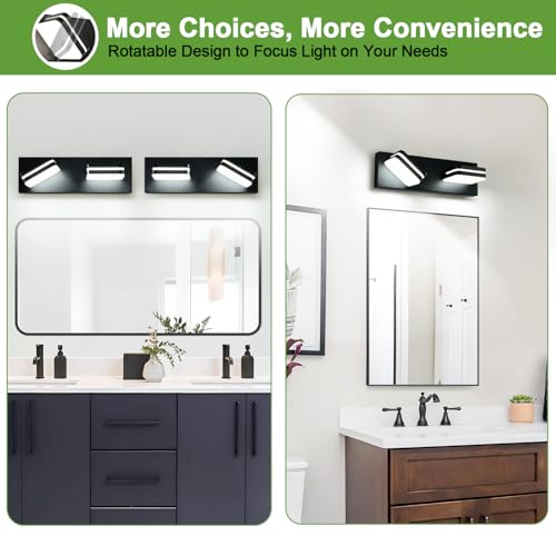 Image of Torondo 360 Rotate LED Bathroom Vanity Light Fixtures, Acrylic Vanity Lights for Bathroom, Modern Wall Lighting Fixtures Over Mirror Living, Matte Black, Natural White, 2-Light, 14-Inch