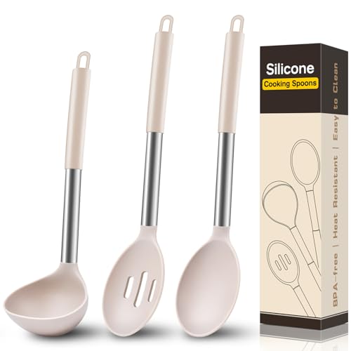 3Pcs Silicone Cooking Spoon Set, Kitchen Utensils Include Solid & Slotted Spoon, Soup Ladle, Food-Grade Heat Resistant 446°F, Non-Scratch Spoons for Serving, Stirring, Draining, Dishwasher Safe, Khaki