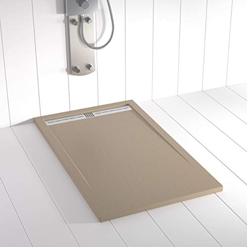 Shower Online Plato de ducha Resina FLOW - 70x120 - Textura Pizarra - Antideslizante - Todas las medidas disponibles - Incluye Rejilla Inox y Sifón - Moka S 4010 Y 30 R