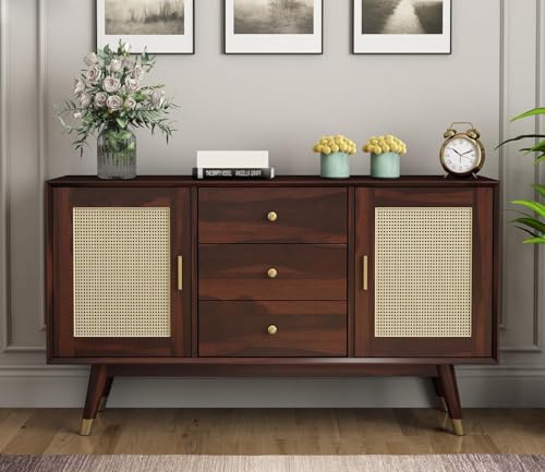 Image of Sheesham Wood Sideboard Cabinet for Living Room | Wooden Sideboard Cabinet 2 Doors & 3 Drawers with Storage | Drawing Room, Office (Walnut Finish)