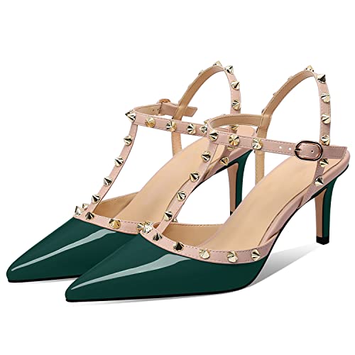 Image of XINIUNIU Studded Heels for Women Kitten Heels with Studs Stiletto Sandals with Rivet Ankle Strap Patent Leather Pointy Toe 2.5 Inch Party Daily Wear Evening Sandals