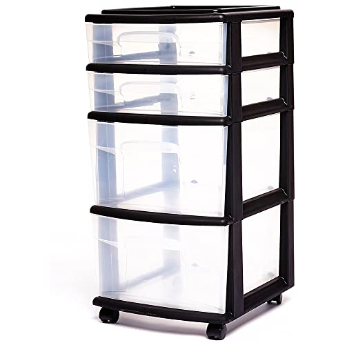 Homz Plastic 4 Clear Drawer Medium Home Organization Storage Container Tower With 2 Large Drawers And 2 Small Drawers, Black Frame #TOP30