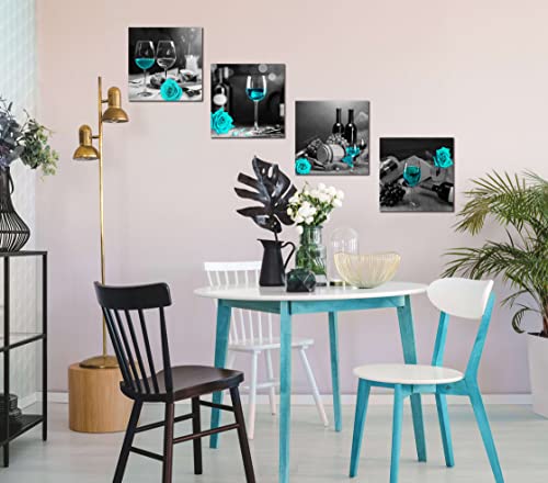 Kitchen Wall-Art - Wine Wall Decor For Bedroom Women Black And White Wall Pictures Modern Art Decorations For Living Room - Teal Rose Artwork - Gray Cask Canvas 14X14 Inches X4 Framed #TOP4