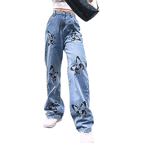 Madger Women's High Waisted Jeans Y2K Butterfly Print Straight Wide Leg Denim Pants Baggy Loose Casual Trousers Streetwear (Blue, S) Cover