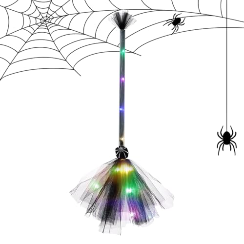 Escoba de Bruja para Halloween, Escoba de Montura con LED Iluminación, Ligera con Tela Volante, Prop para Fiesta, Perfecta para Baile de Disfraces, Decoración de Halloween, Juego de Rol Infantil