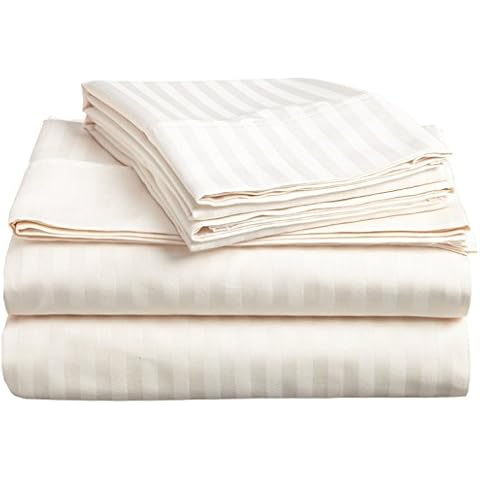 Damask Stripe Luxurious 1000-TC Heavy Pima Cotton 6-PCs Sheet Set Fits 19-21 Inch Deep Pockets (1 Fitted, 1 Flat, 4 Pillowcase) Premium Hotel Quality (Queen, Ivory) Cover