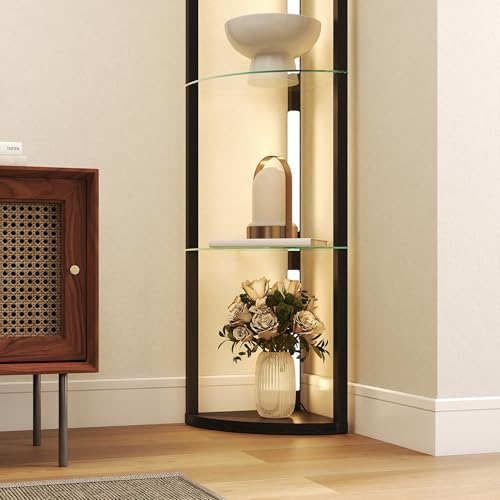 Lampada da Terra con Ripiani in Vetro e Luce LED, Lampada da Pavimento con 3 Livelli di Luminosità e Interruttore a Pedale, per Salotto e Soggiorno, Nero - Illuminazione - Immagine 6