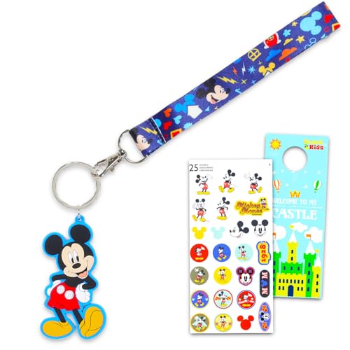 Mickey Mouse Keychain Bundle ~ Deluxe Silicone 3D Character Mickey Mouse Keyring with Strap and Charm Plus Stickers, More | Mickey Mouse Wrist Lanyard and Keychain