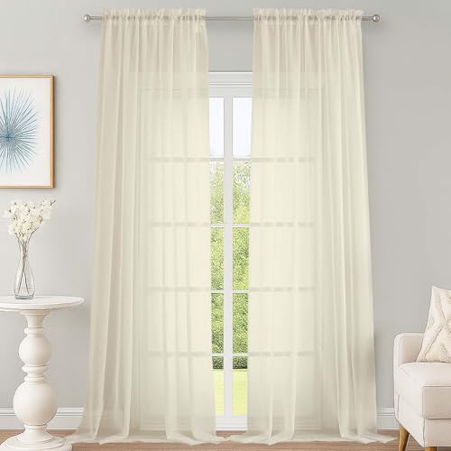 Image of OWENIE Cream Sheer Curtains 120 Inches Long 2 Panels Set, Airy Lightweight Sheer Cream Curtains for Living Room Bedroom, Farmhouse Voile Filmy Rod Pocket Curtains Drapes, 2 Pcs, 59 inch Wx120 L Inch