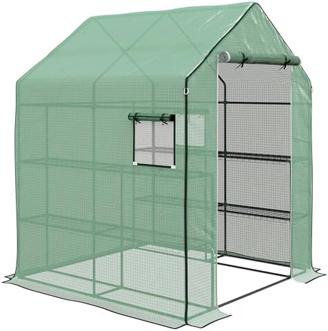 Outsunny 4.6' x 4.7' x 6.2' Walk-in Greenhouse with 3 Tier 8 Shelves, Outdoor Green House with Reinforced PE Cover, Garden Plant Grow Hot House Roll-up Door and Mesh Windows, Green