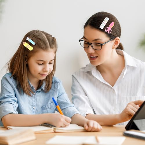 PLwelth 4 piezas pinzas de cabello divertidas para profesores con diseño de lápiz, regla, tijeras y pincel miniatura 2