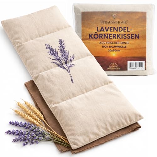 Strauss Home Körnerkissen mit Lavendel groß Mikrowellengeeignetes Wärmekissen gegen Verspannungen in Nacken Schultern und Rücken natürliche Weizenkörner - getrockneter Lavendel 20x50 cm