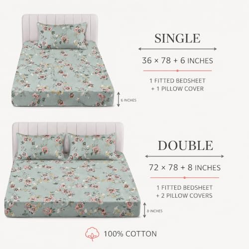Image of la'amour 100% Cotton Elastic Fitted Bedsheets with 2 King Size Pillow Covers Double Bed with All Around Elastic Supersoft Size - 72 King Sizex78+10 inches Sage Green Floral 200 tc - 220 tc