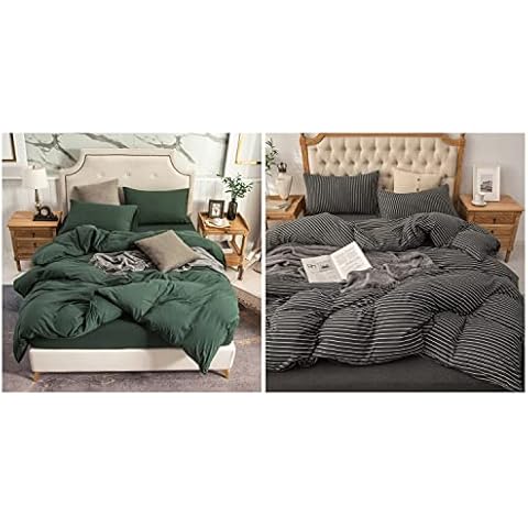 PURE ERA Jersey Knit Duvet Cover Set 100% T-Shirt Cotton Super Soft Comfy with Zipper Closure (Solid Forest Green, Queen and Black & White Pinstripe, Queen) Cover