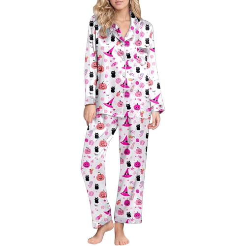 NUOLALDH Halloween Nightgown,Halloween Pajamas Women Ghost Pumpkin Print Long Sleeve Tops Matching Cute Cozy Sleeppants Nighty 2 Piece Set Pink 03 Small