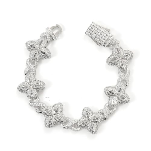 Lulu Mel Cross Infinity Charm Cuban Chain Bracelet for Men Women, Iced Out Silver Colorful Prong Setting 5A Cubic Zirconia Diamond Fashion Four-Leaf Cuban Bracelet for Rapper Gift