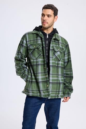 Image of TanBridge Men's Cotton Plaid Shirts Jacket Full Zip Fleece Flannel Sherpa Lined Hoodies Heavyweight Hoodies Jacket for Men