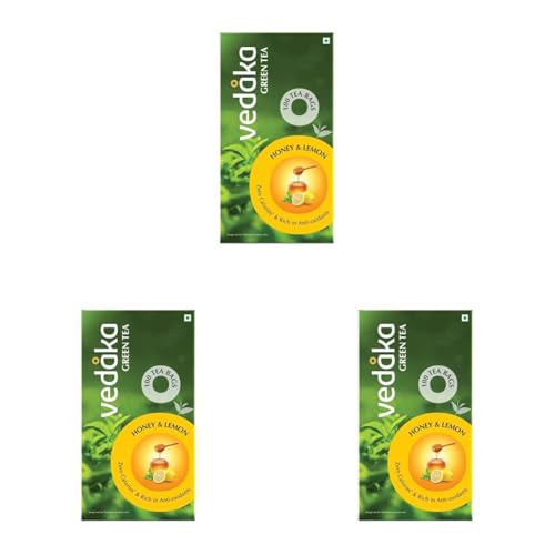 Image of Amazon Brand - Vedaka Green Tea Honey & Lemon Flavor | 100 Bags | 150G | Zero Calories | Natural Source Of Antioxidants | All Natural Flavor| 1.5G Each (Pack of 3)