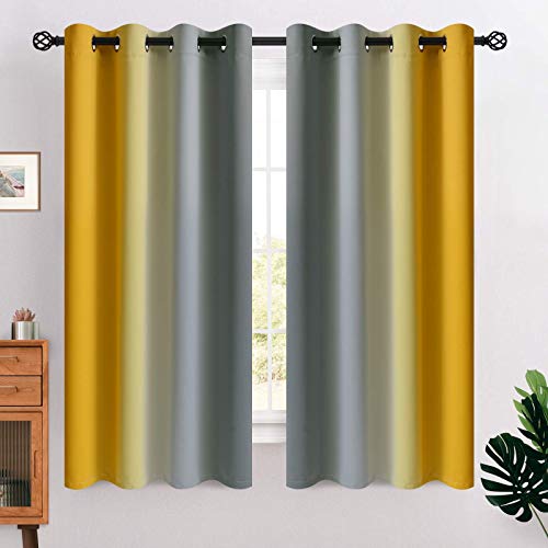COSVIYA Grommet Ombre Room Darkening Curtains 63 inches Length for Kids Girls Bedroom, Polyester Light Blocking Yellow and Grey Gradient Window Drapes Curtains for Living Room,2 Panels, 52x63 inches