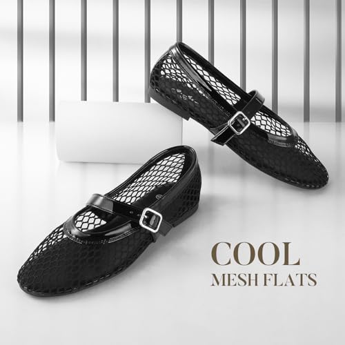 Ankis Mesh Ballet Flats for Women, Black Mesh Flats Buckle Strap Mary Jane Ballerina Flats Women's Fishnet Flat Sandals Shoes for Dressy Summer2