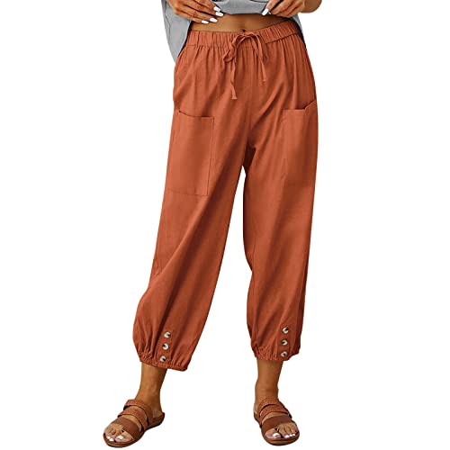 Hanaturu Pantalones de verano para mujer, elegantes pantalones casuales de lino con cordón en la cintura, pierna ancha, bolsillo holgado de algodón y lino palazzo, 02-café, M