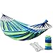 Produktbild Klassische Langlebige Hängematte Baumwolle Atmungsaktiv  Belastbarkeit bis 150-200 kg Tragbare mit Tragetasche  (Grün/Blaue Streifen, 80/Holzstange)