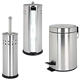 3-teiliges Zubehörset aus hochwertigem Edelstahl mit matt gebürsteter Oberfläche, teilweise mit umlaufendem Lochdekor. Ideal für Badezimmer und Gäste WC.