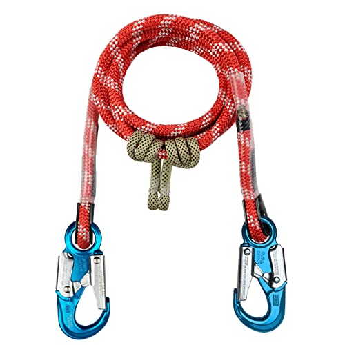 The Red-3 2-in-1 Prusik Positioning Lanyard for Climbing & Fall Protection - Static Kernmantle Rope 1/2 inch Diameter x 15 ft, 5,400 lb MBS - 2 Aluminum Safety Snap Swivels