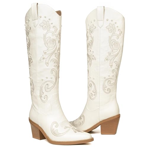 Image of Western Cowboy Boots for Women Knee High Cowgirl Boots with Classic Embroidered, Pointed Toe Chunky Heel Fashion Retro Classic Pull On Tall Boot Women Fall Winter