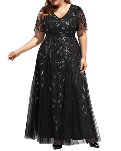 Image of Pinup Fashion Plus Size Formal Dresses - Evening Gowns Wedding Sequin Embroidery V-Neck Prom Long Dress