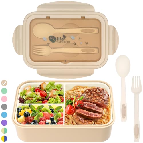 BIBURY Boîte à lunch avec 3 compartiments et couverts, anti-fuite, passe au lave-vaisselle, au micro-ondes, pour l'école, le travail, les pique-niques, les voyages (marron)