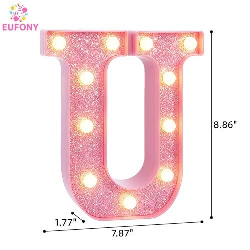 Image of Pink Marquee Light Up Letters, Glitter Alphabet LED Letter Lights for Pink Birthday Party Decorations, Battery Operated Letter Sign for Girls Room Vanity Table Decor, Warm White Lights Letter U