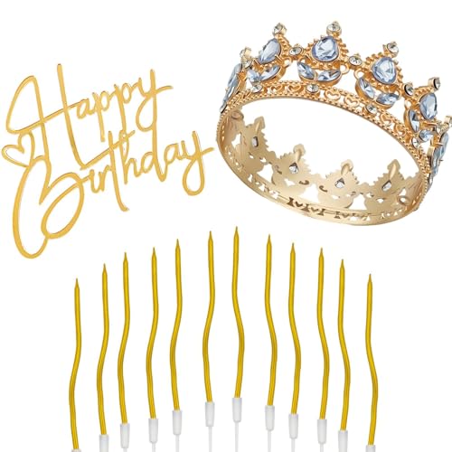 Topper per Torta a Forma di Corona,12 Pezzi Candele a Spirale di Compleanno Metalliche per Torte,Corona d'oro,Adatto per Torte,Matrimoni,Balli Studenteschi,Feste di Compleanno