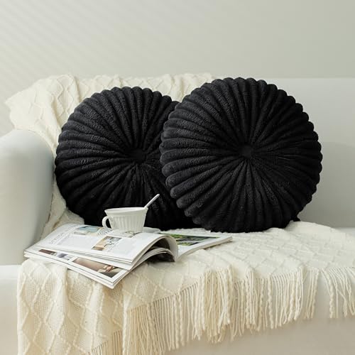 Image of HIG Decorative Round Throw Pillows for Bed Couch -Set of 2 Handcraft Ruched Pumpkin Pillow, Soft and Durable Flannel Floor Pillow for Home Decor, Bed Living Room and Sofa (Black,14.5 inchx14.5 inch)
