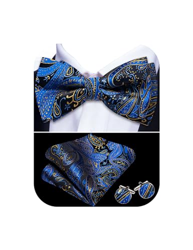 Image of Barry.Wang Paisley Striped Bow Tie for Men Silk Pre-Tied Bowtie Pocket Square Cufflinks Set Formal Wedding Party Prom
