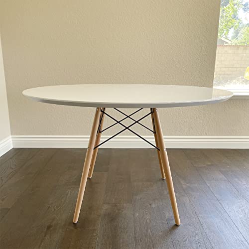 Modmade Mid Century Modern Paris Tower Round Dining Wood Leg And Top Table, 47", White/Natural #TOP1