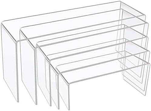 ISUSSER A set of 5 Pack transparent Acrylic Display Risers, Acrylic Display Riser Shelf Showcase for Jewelry, Cake, Candy, 5 sizes