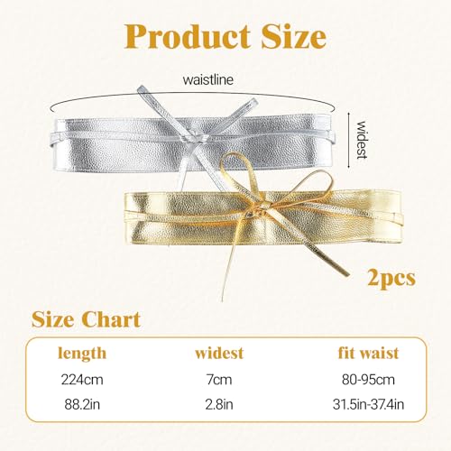 panthra Gold and Silver Corset Belt, 2 PCS Faux Leather Wrap Belts, Wide Gold Belts for Women, Easy to Clean, Fashion Bowknot Wrap Around Obi Belt for Dress3