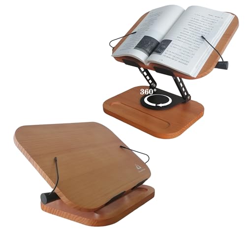 SummitRush 360 Rotating Solid Wood Book Stand - Adjustable Height & Angle Built-in Storage Tray Foldable Hands-Free Cookbook/Tablet/Laptop Holder for Kitchen/Office/Bedroom (No Assembly)