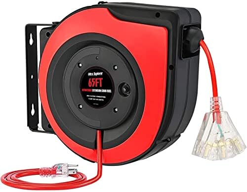 Ultra Explorer Retractable Extension Cord Reel,65 Feet 12 AWG/3C SJTOW Heavy Duty Power Cord,15 AMP Circuit Breaker, 3-Lighted Triple Outlets,Ceiling or Wall Mount Use Indoor/Outdoor