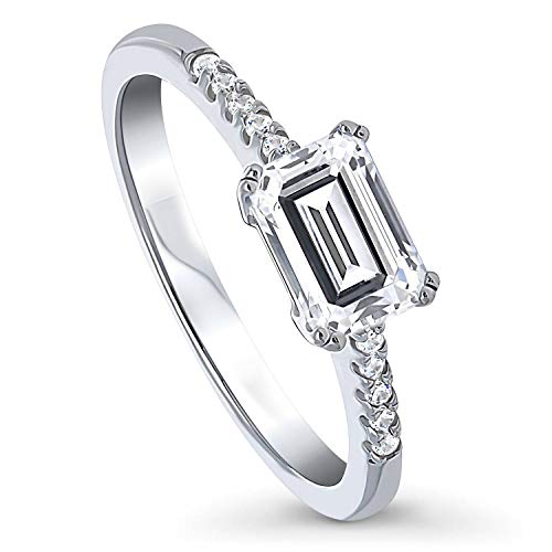 BERRICLE Valentines Day Gift Rhodium Plated Sterling Silver East-West Solitaire Promise Engagement Ring Made with Swarovski Zirconia Emerald Cut 1.1 CTW Size 7