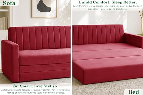 Image of Modern 3 Seater Sofa Cum Bed with Armrest, Velvet Fabric Couch for Living Room, Space Saving Foldable Sleeper Sofa, (Red-Color)